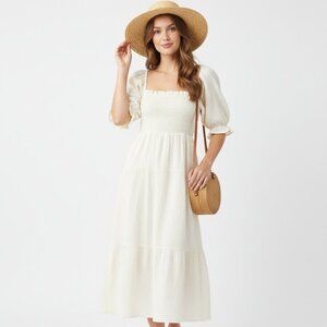Tuckernuck O.P.T. Smocked Cotton Puff Sleeve Midi Dress - Size S